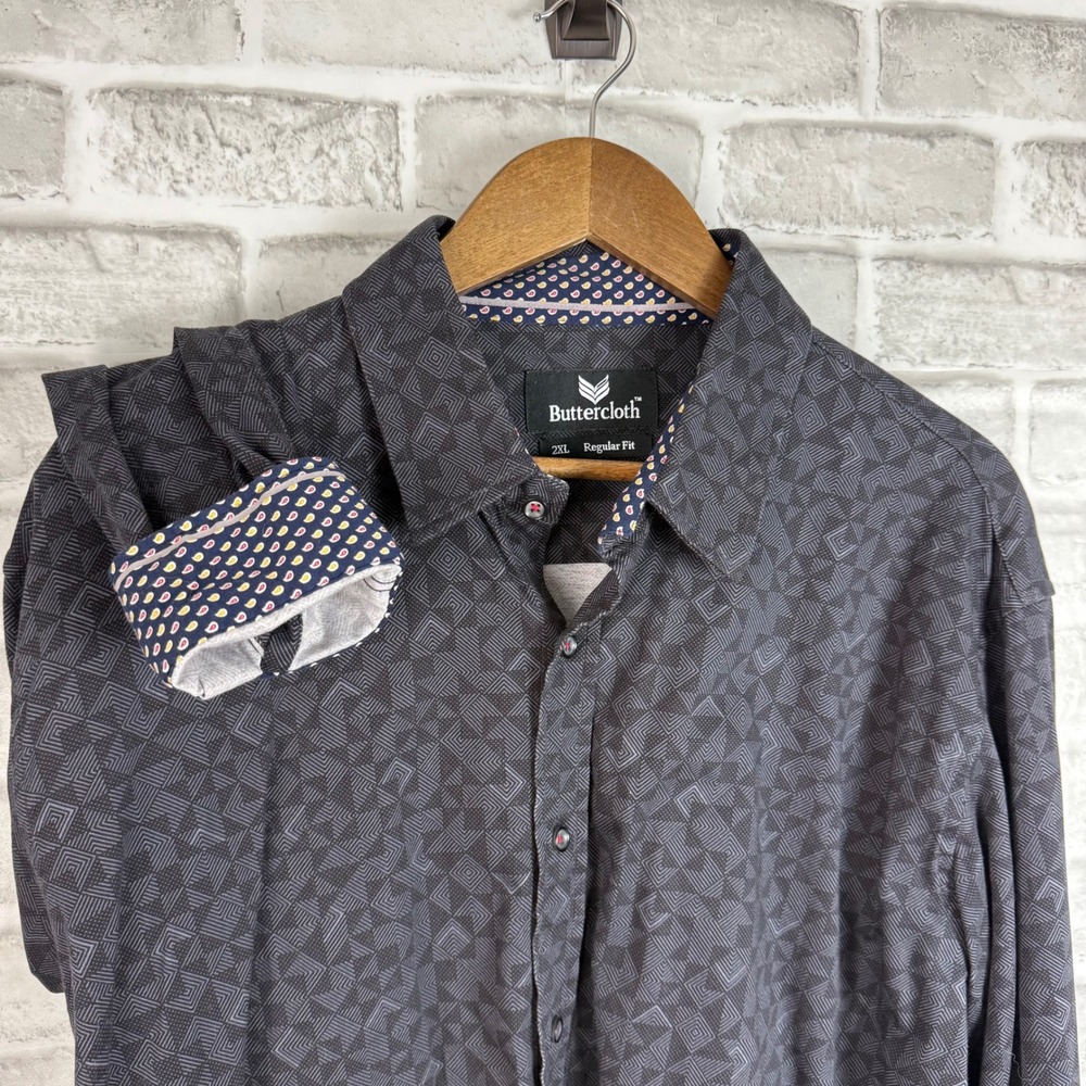 Buttercloth Mens 2XL Regular Fit Geometric Diamond Button Down Shirt Black Grey
